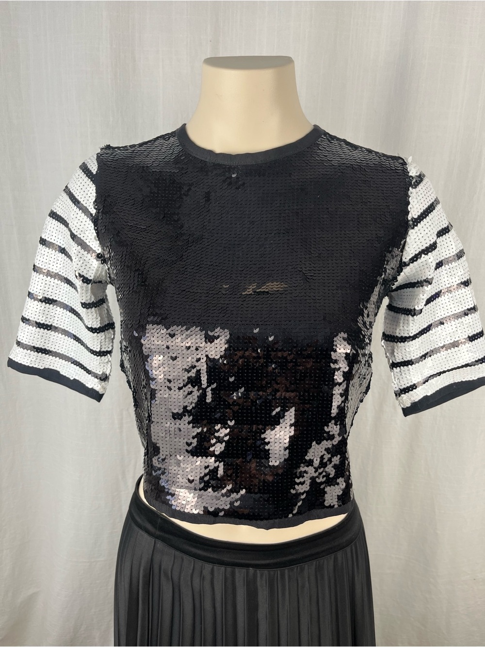 Zara Black Sequin Crop Top with White Striped Sleeves Small